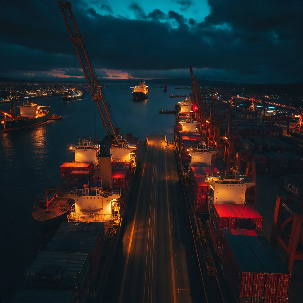 moody dark aerial view of shipping containers and cargo ships at a busy port at dusk, cinematic