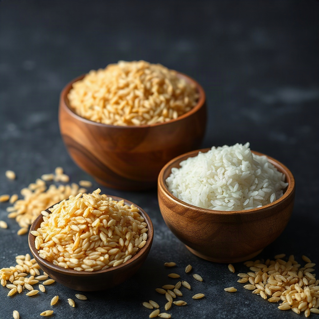 luxury dark product shot of premium rice and grains in glass vessels, elegant studio lighting