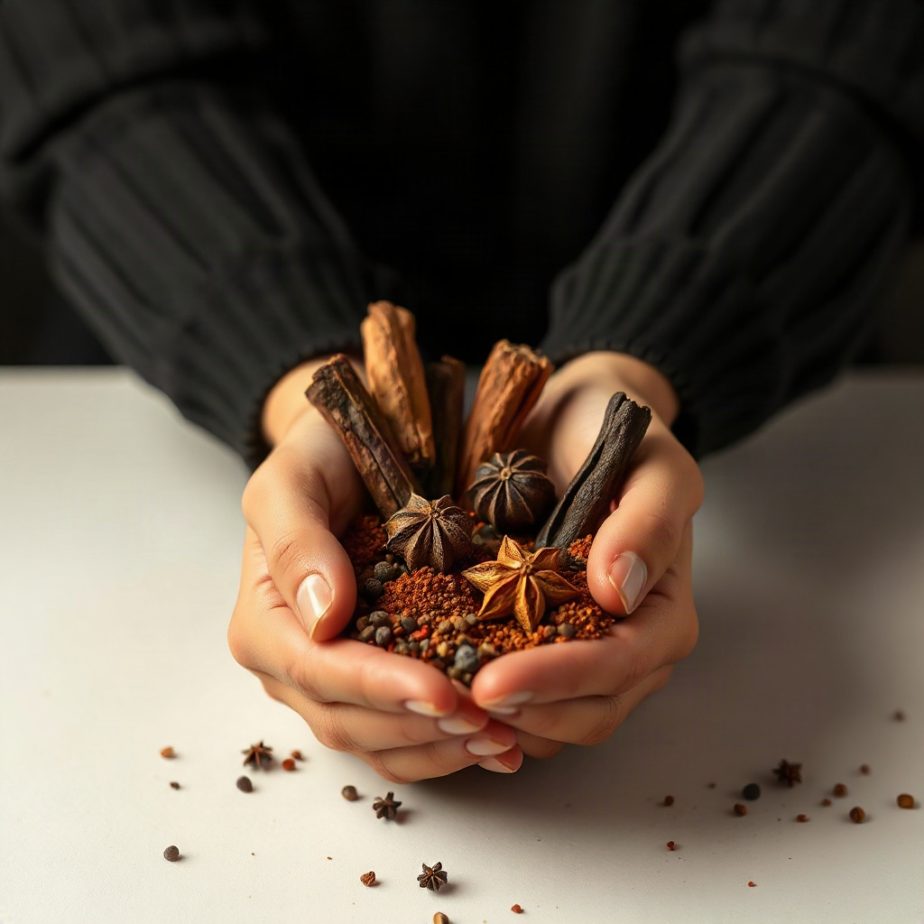 elegant dark studio photo of hands holding aromatic whole spices, gold rim lighting, luxury editoria