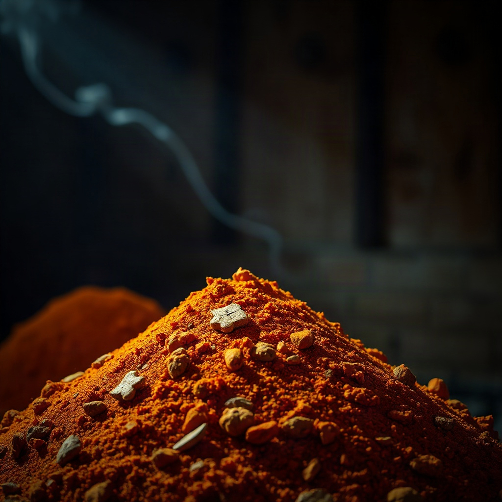 luxury dark product shot of vibrant turmeric and cumin piles, moody cinematic lighting