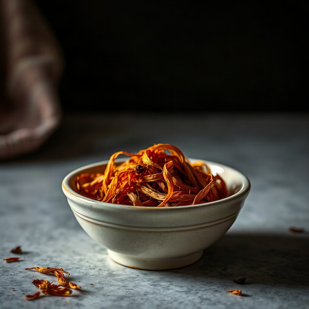 luxury dark product shot of premium saffron threads in a ceramic bowl, dramatic lighting