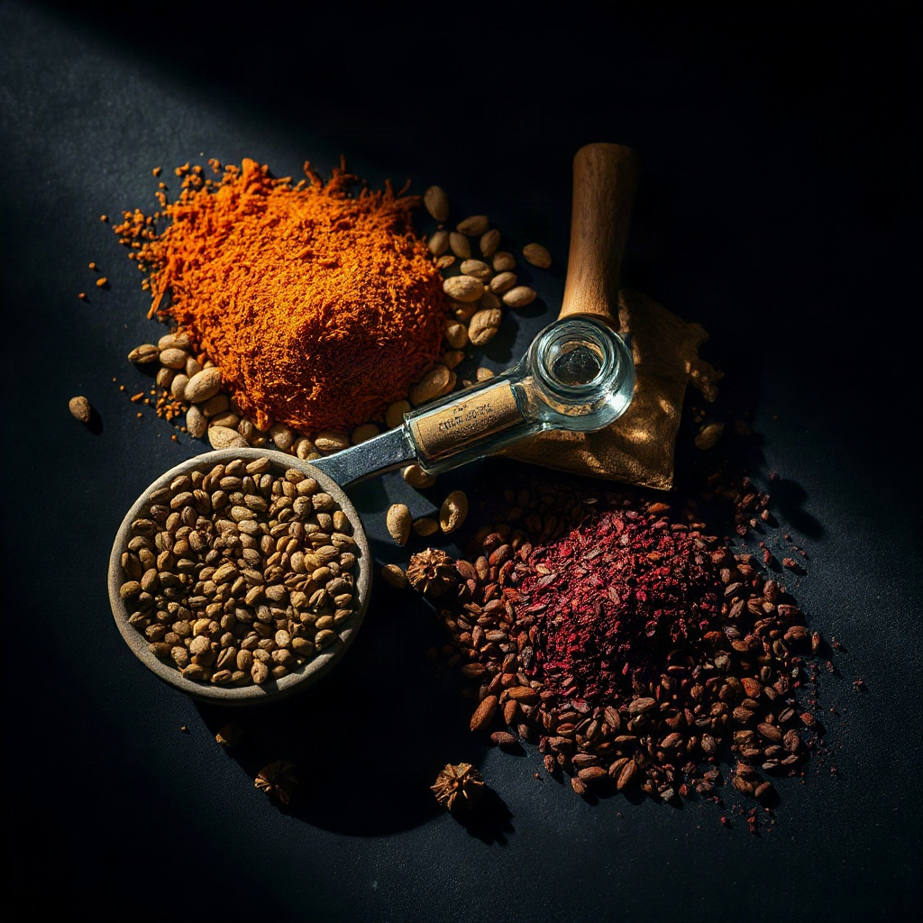 moody dark editorial photograph of premium spices and grains arranged artistically, deep shadows, wa